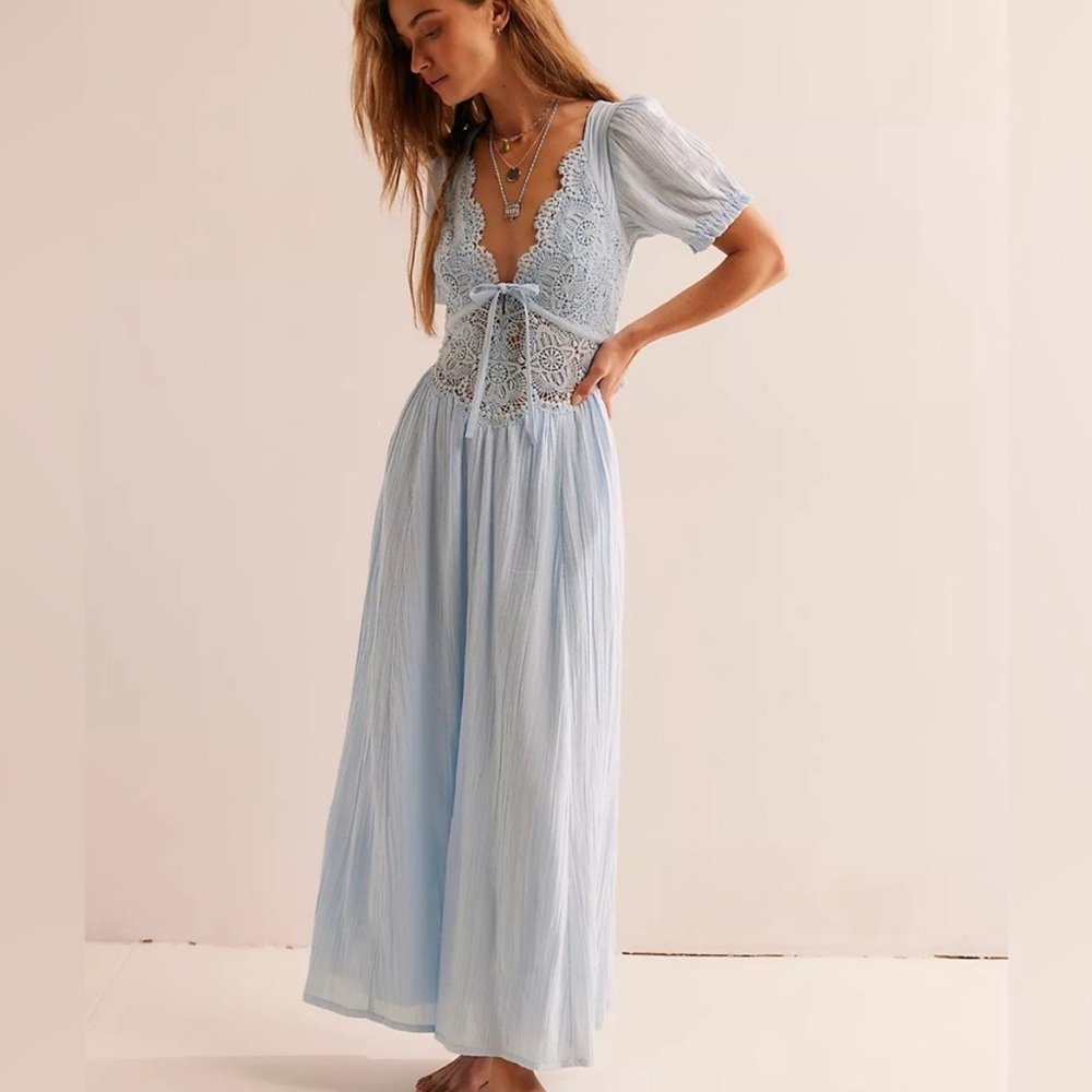 Free People All You Need is Lace - Elegant Light Blue Lace Maxi Dress